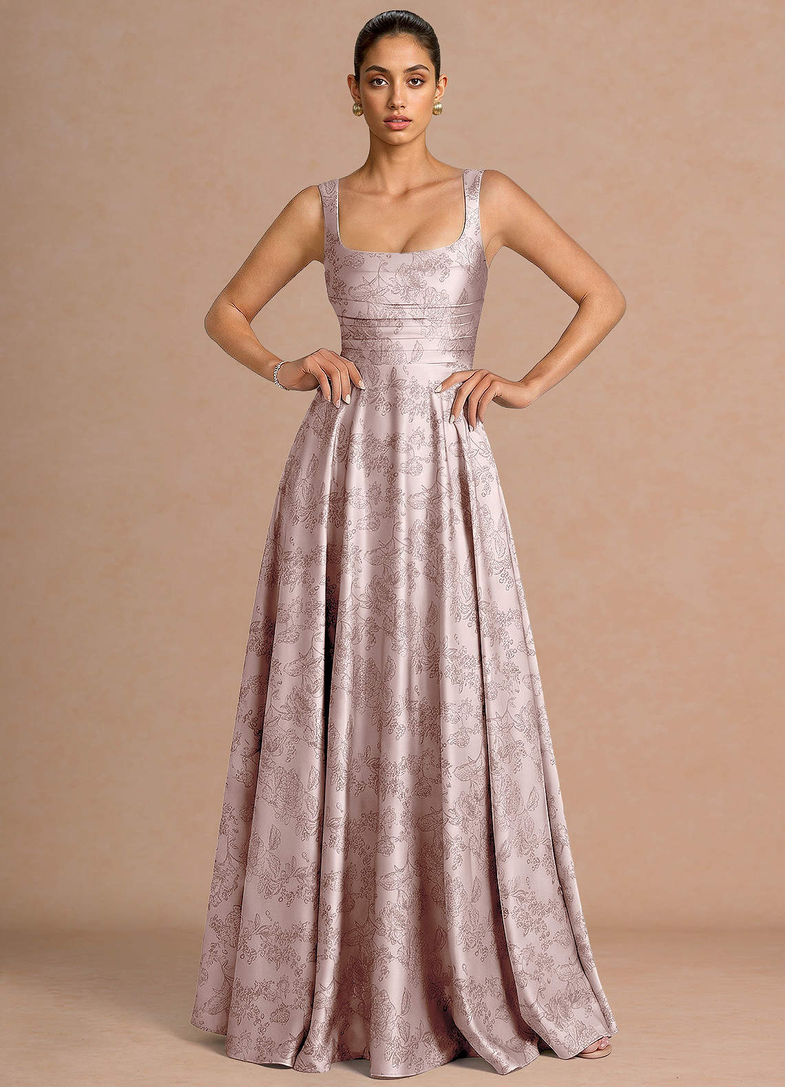 Azaria A-Line Square-Neck Jacquard Evening Dress in Moss Navy