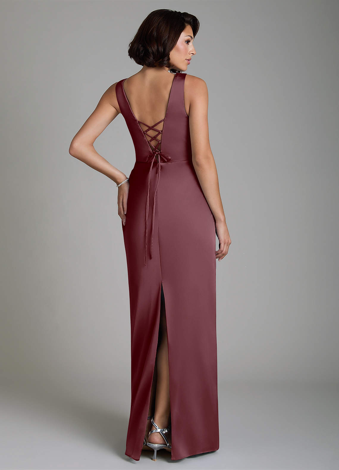 Vanya Sheath V-Neck Stretch Satin Bridesmaid Dress in Sangria