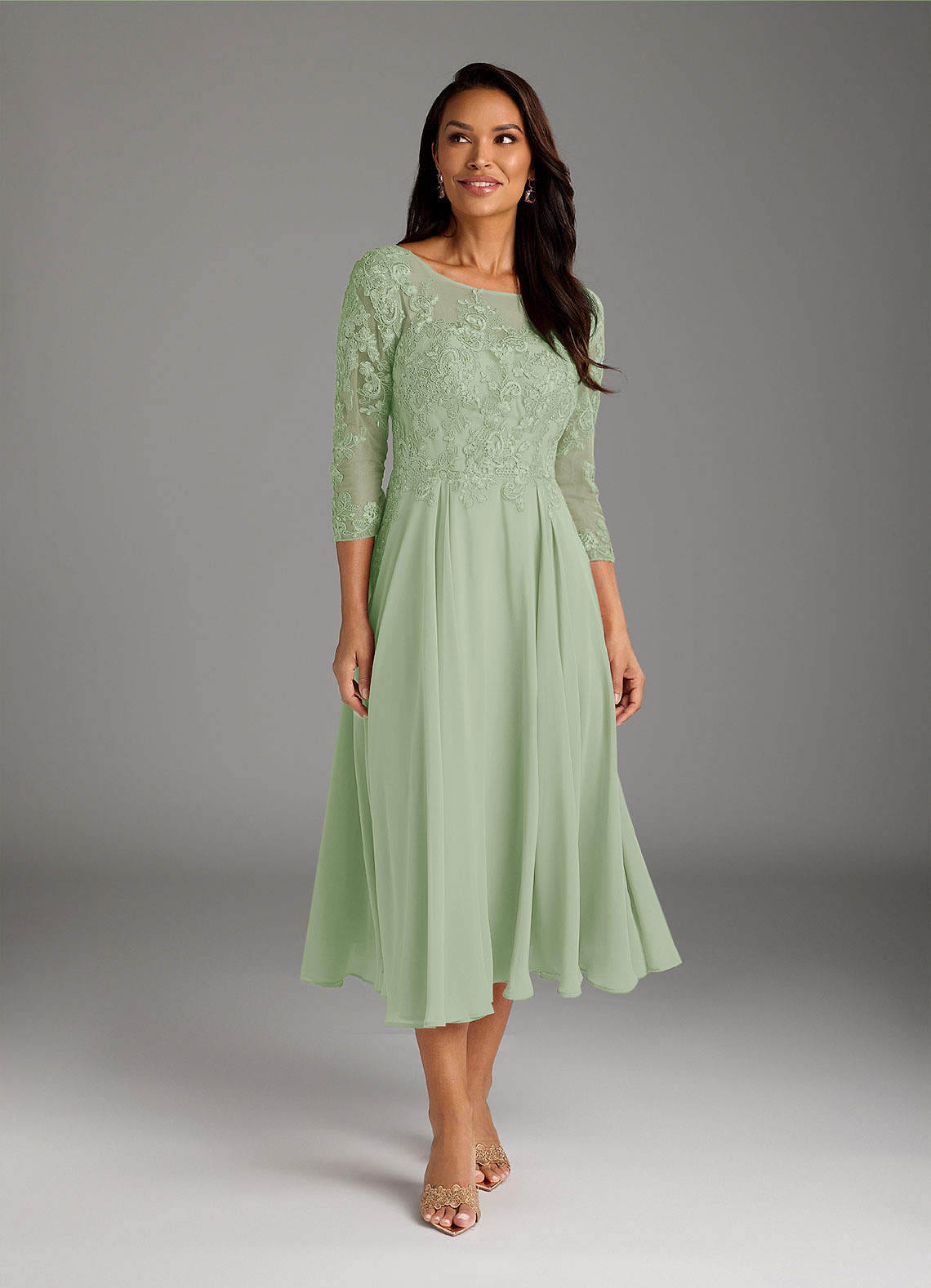 Marge A-Line Scoop-Neck Chiffon and Lace Mother of the Bride Dress in Dusty Sage