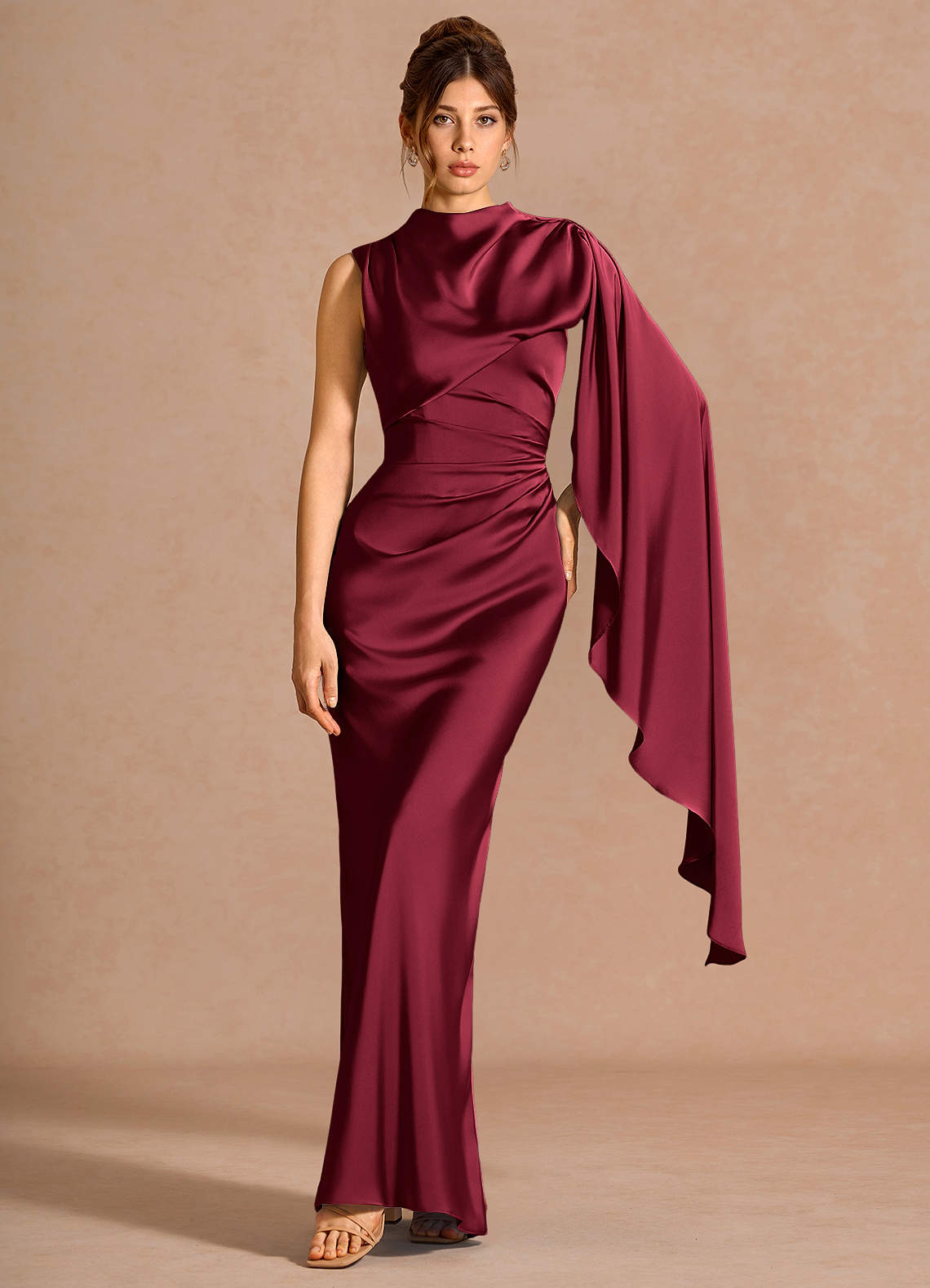Chesney Cape-Sleeve Pleated Stretch Satin Wedding Guest Dress in Dusty Blue