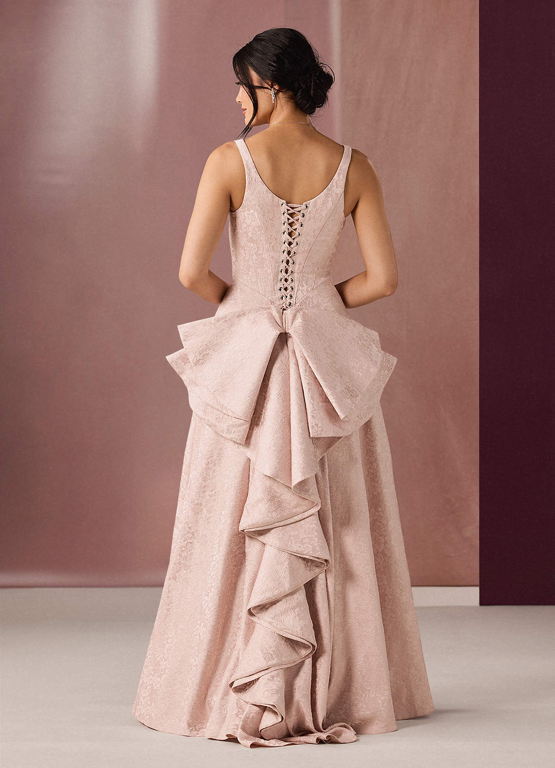 Satine Ball Gown V-Neck Jacquard Evening Dress in Blush Pink