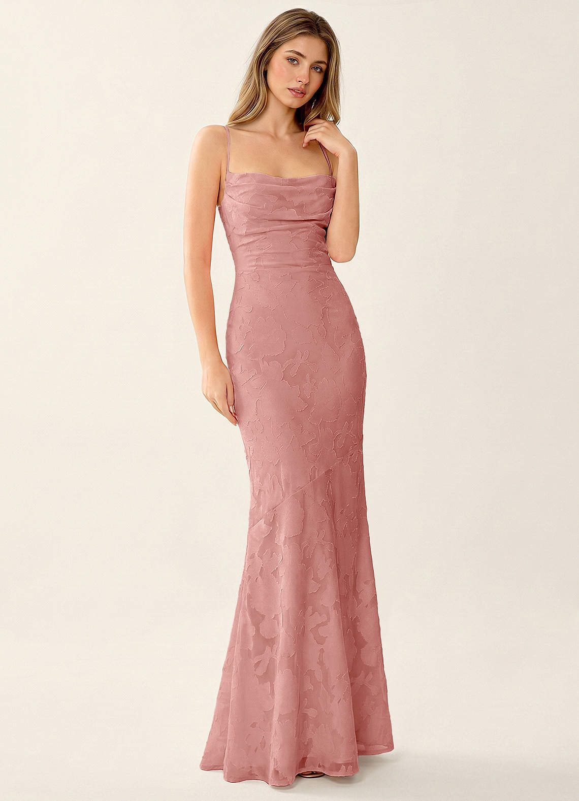 Natasha Mermaid Spaghetti-Strap Floral Burnout Evening Dress in Burgundy