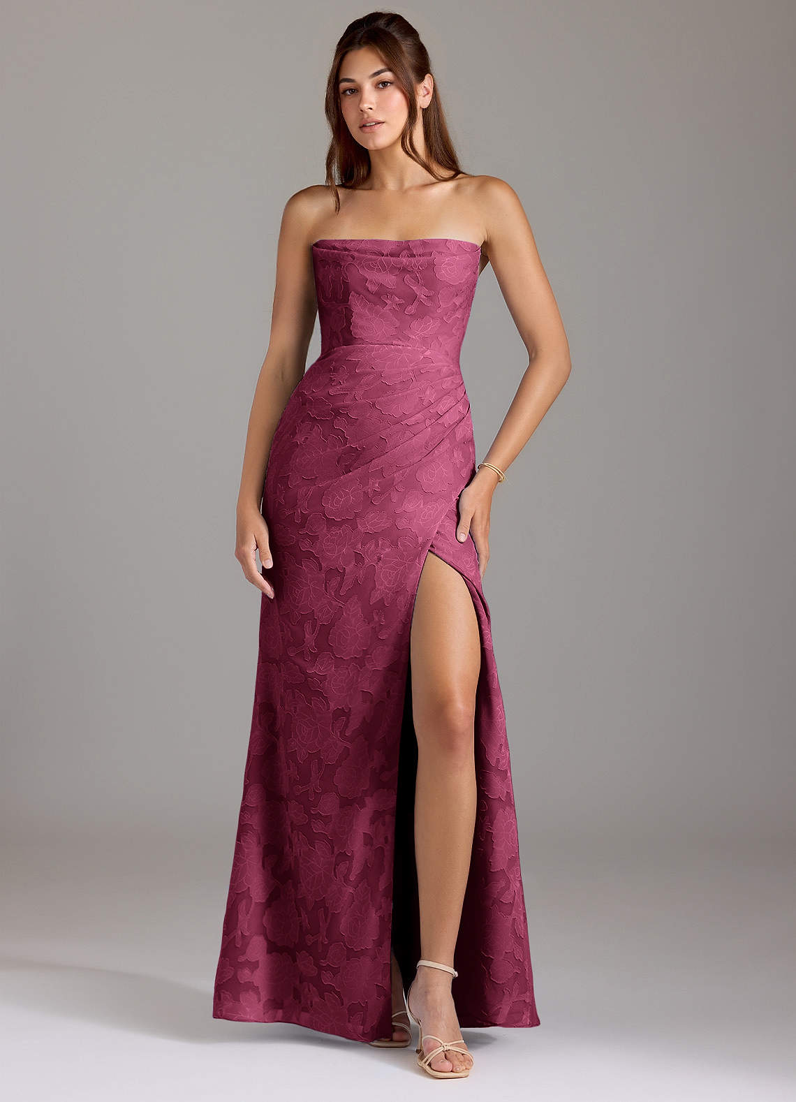 Leonis Sheath Strapless Floral Burnout Bridesmaid Dress in Mulberry