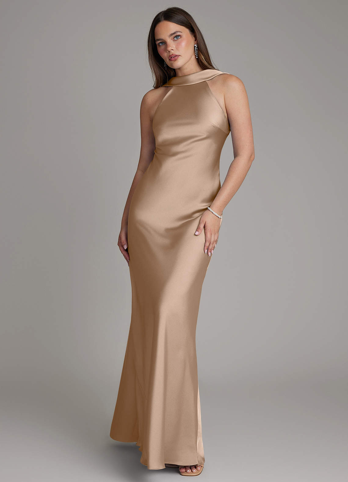 Dimitra Sheath Halter Stretch Satin Bridesmaid Dress in Taupe