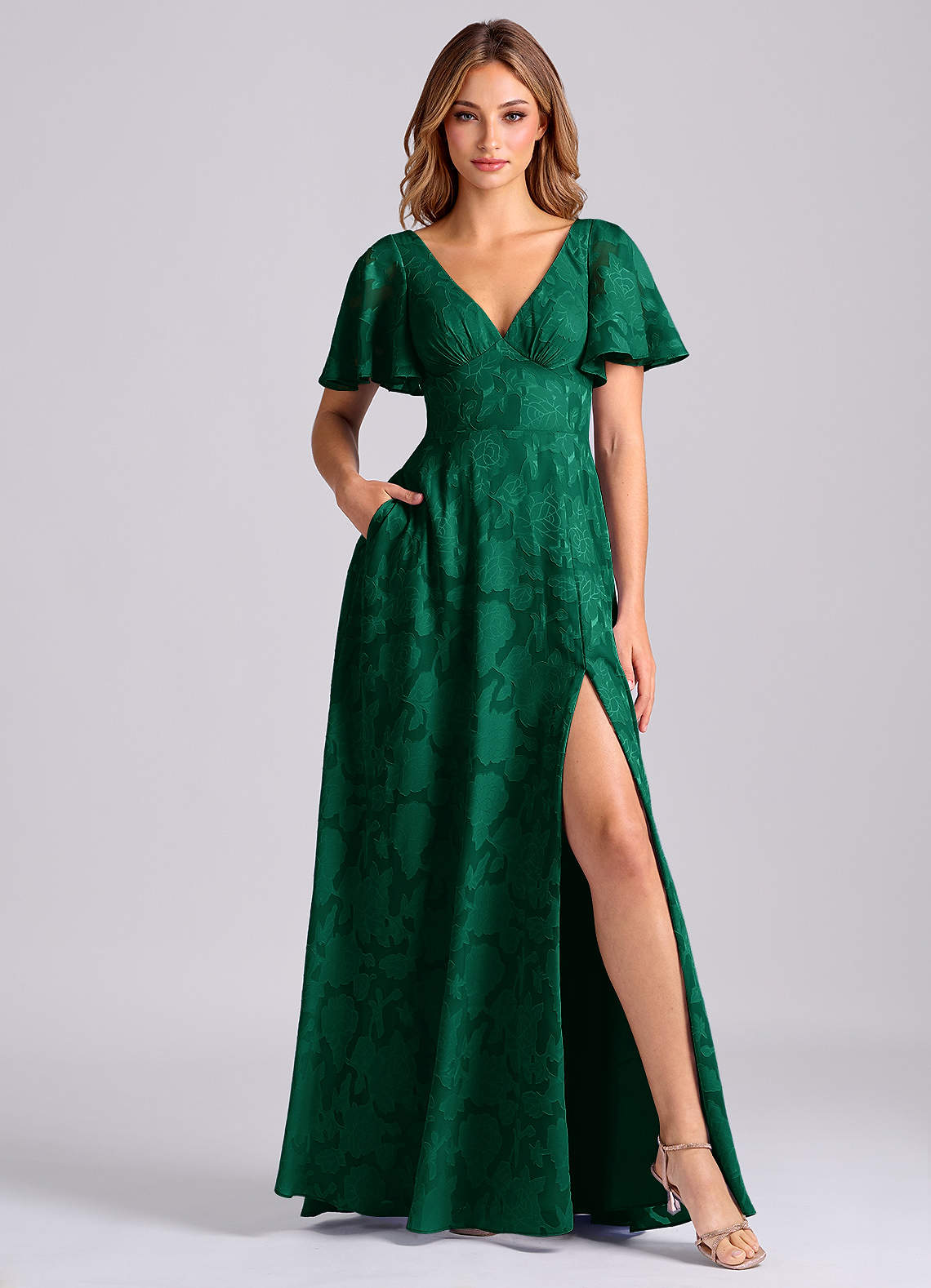 Kimber A-Line V-Neck Floral Burnout Bridesmaid Dress in Emerald