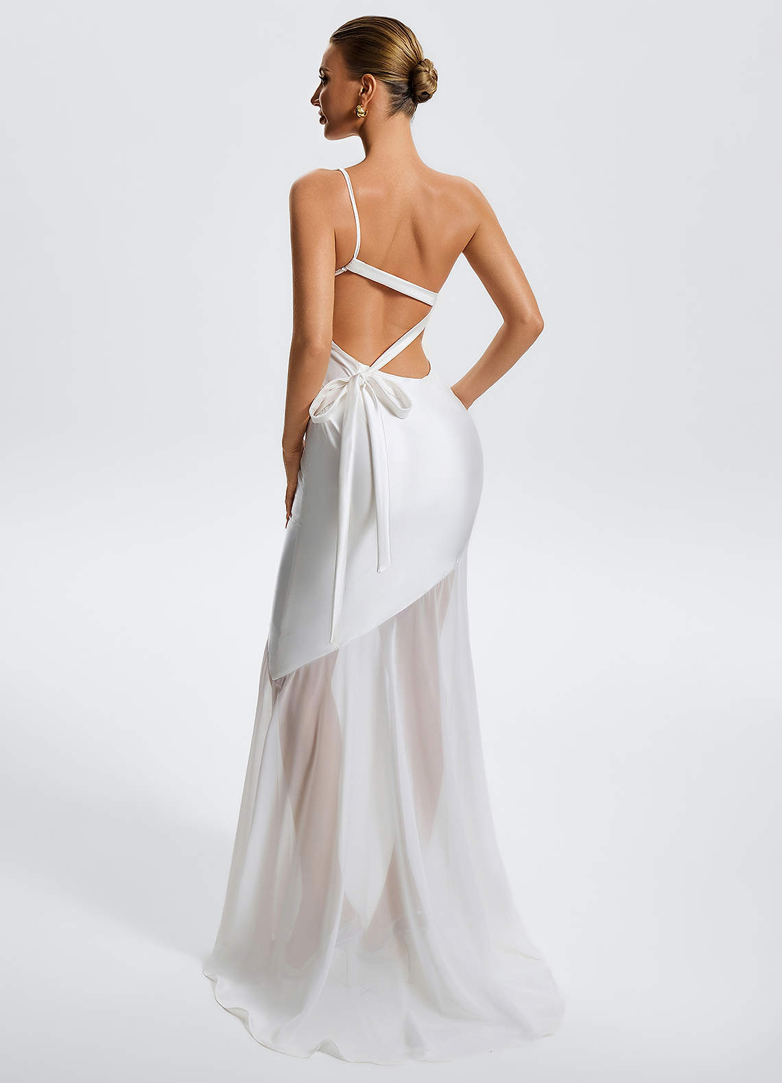 Idalia White Mermaid One-Shoulder Chiffon-Overlay Evening Dress in White Alabaster