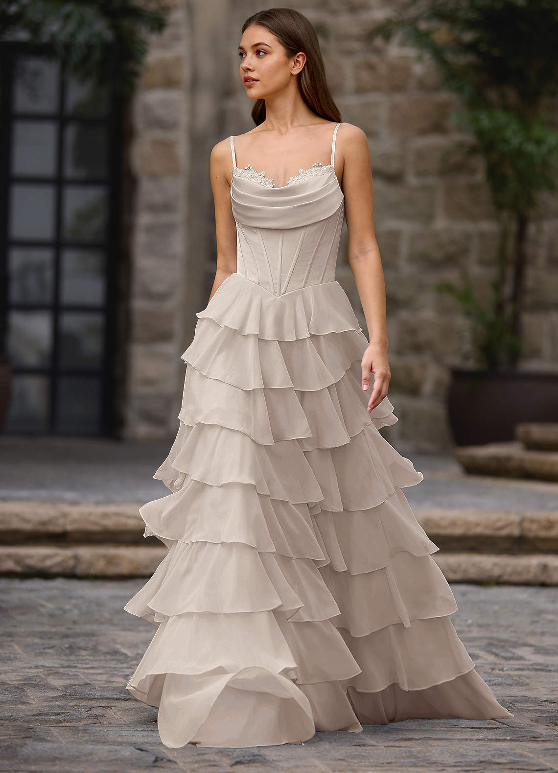 Floralace A-Line Ruffle Chiffon Evening Dress in Vanilla