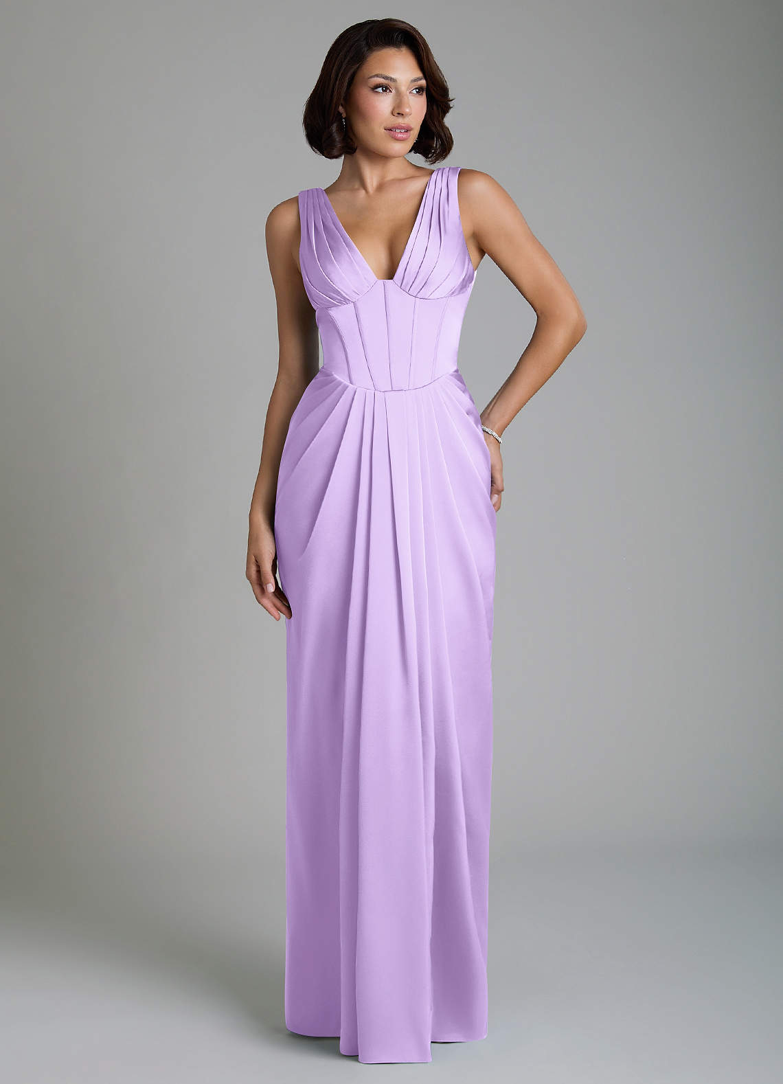 Vanya Sheath V-Neck Stretch Satin Bridesmaid Dress in Lilac