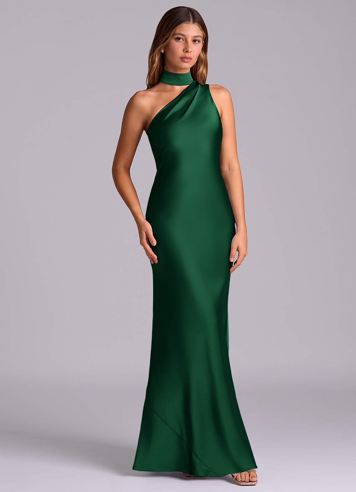 Seona Mermaid One-Shoulder Stretch Satin and Tulle Bridesmaid Dress in Dark Green