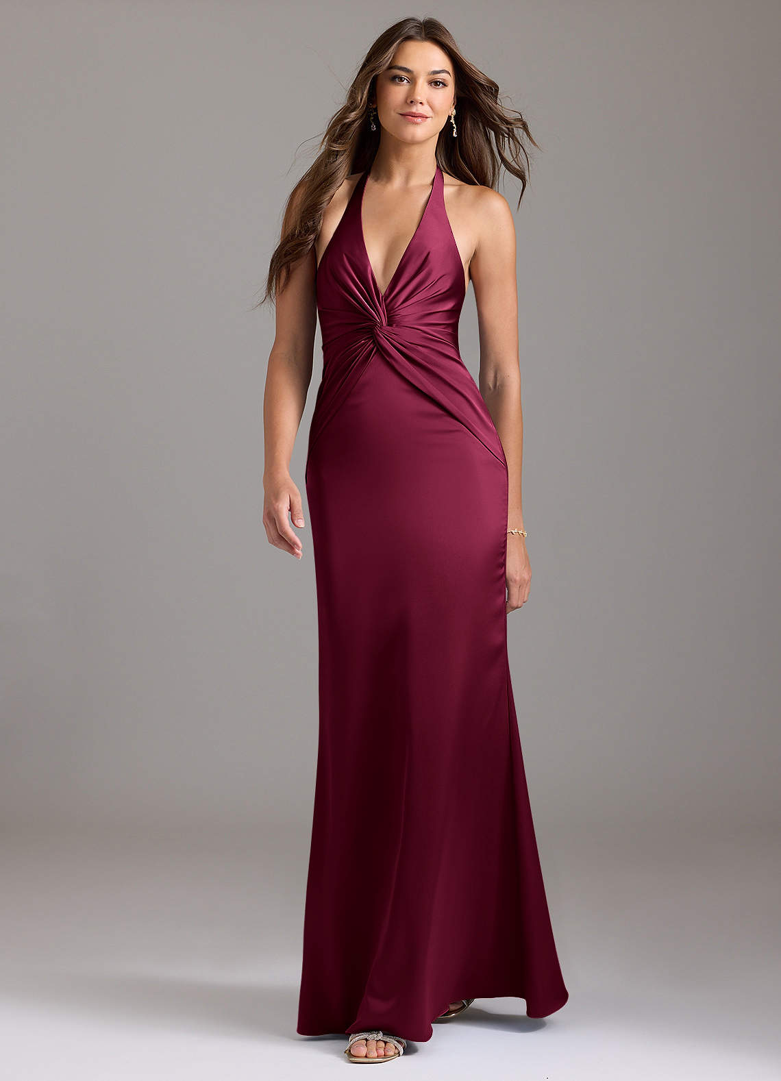 Valerie Mermaid V-Neck Stretch Satin Bridesmaid Dress in Burgundy