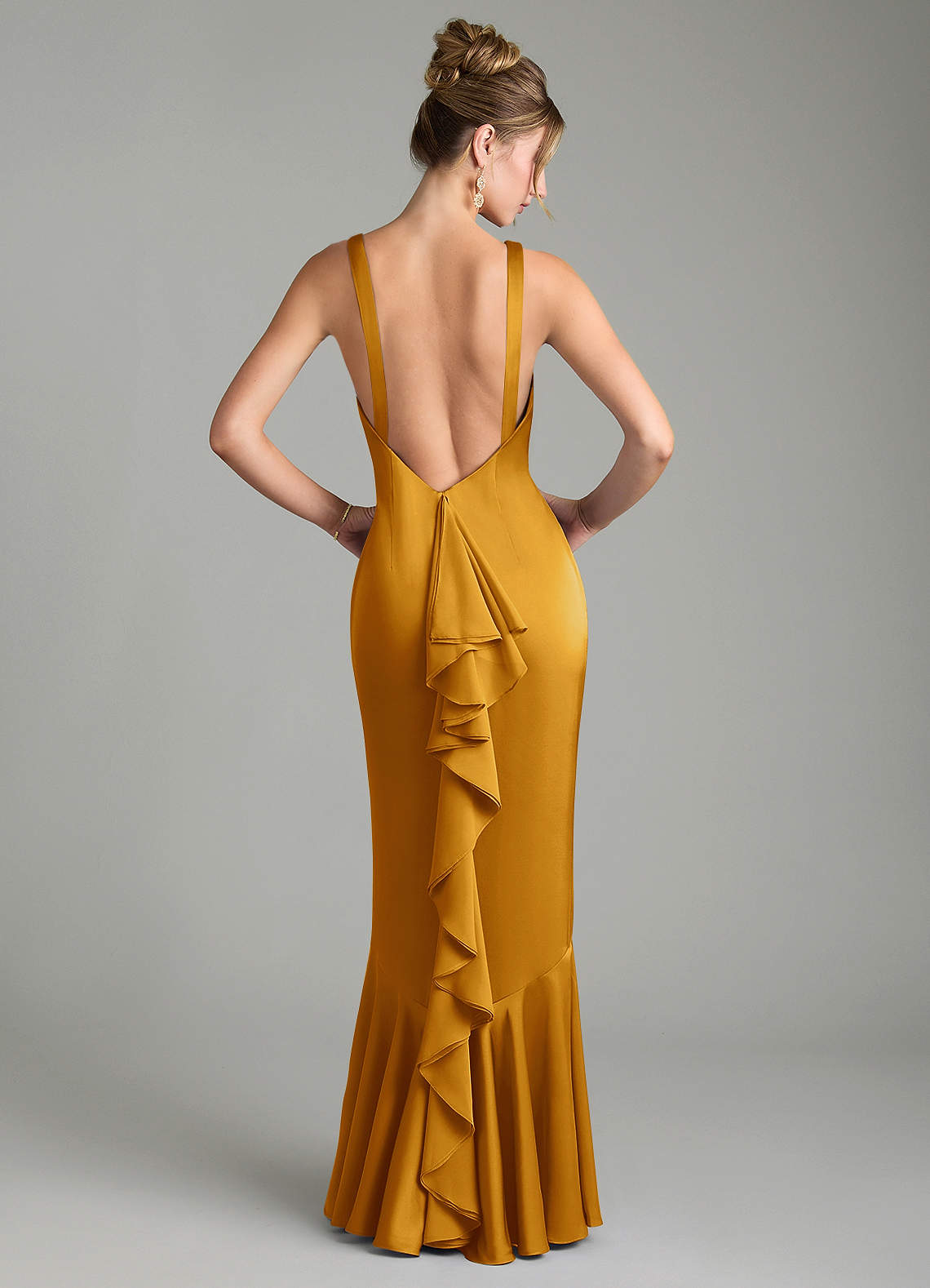 Tamera Mermaid Boat-Neck Stretch Satin and Chiffon Bridesmaid Dress in butterscotch