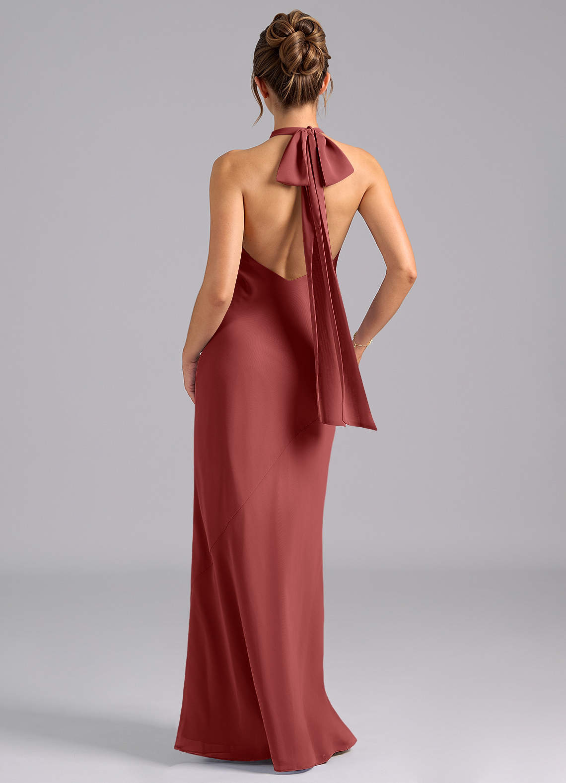Velli Mermaid Halter Chiffon Bridesmaid Dress in Terracotta