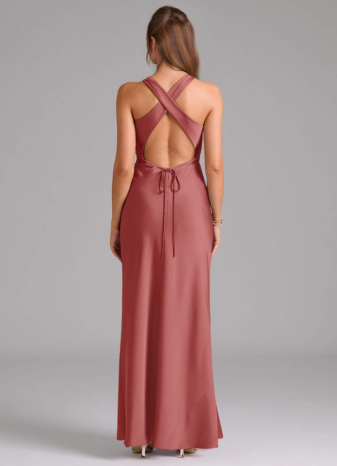 Evadne Sheath Scoop-Neck Stretch Satin Bridesmaid Dress in Antique Rose