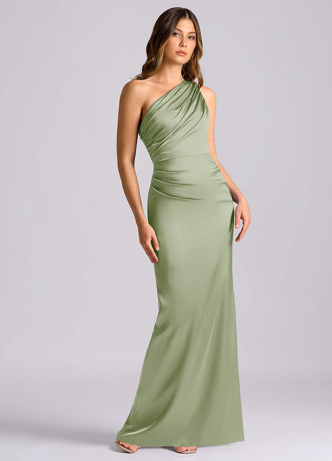 Akilah Mermaid One-Shoulder Stretch Satin Bridesmaid Dress in Dusty Sage