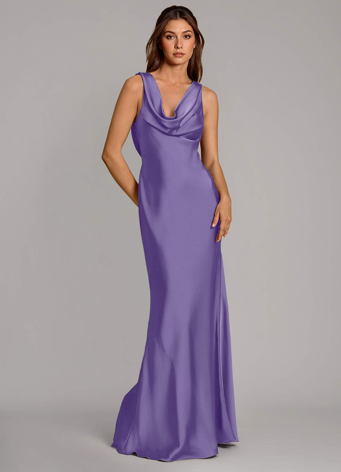 Cheryl Mermaid Cowl-Neck Stretch Satin Bridesmaid Dress in Tahiti