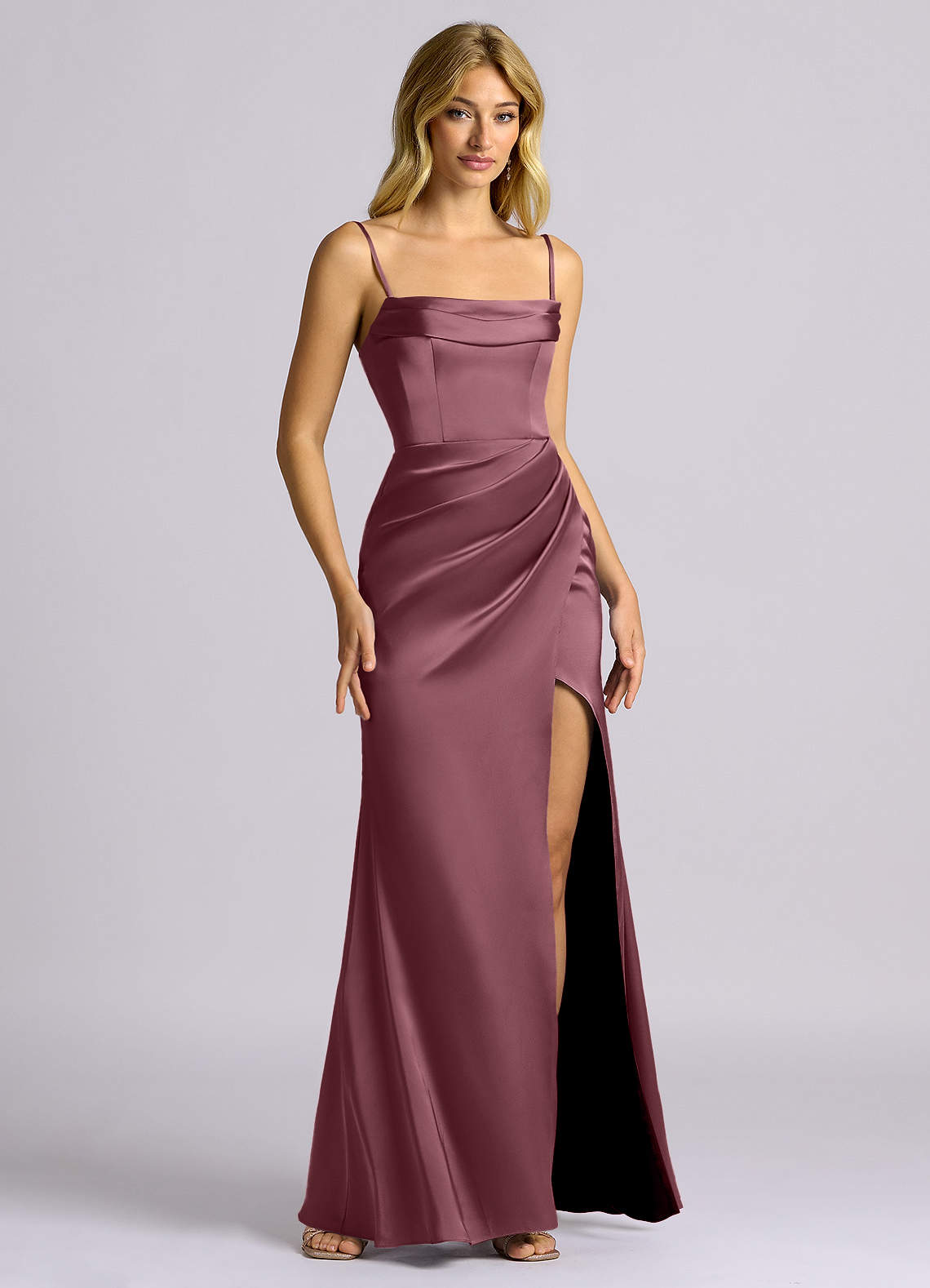 Auden Sheath Off-the-Shoulder Stretch Satin Bridesmaid Dress in Desert Rose