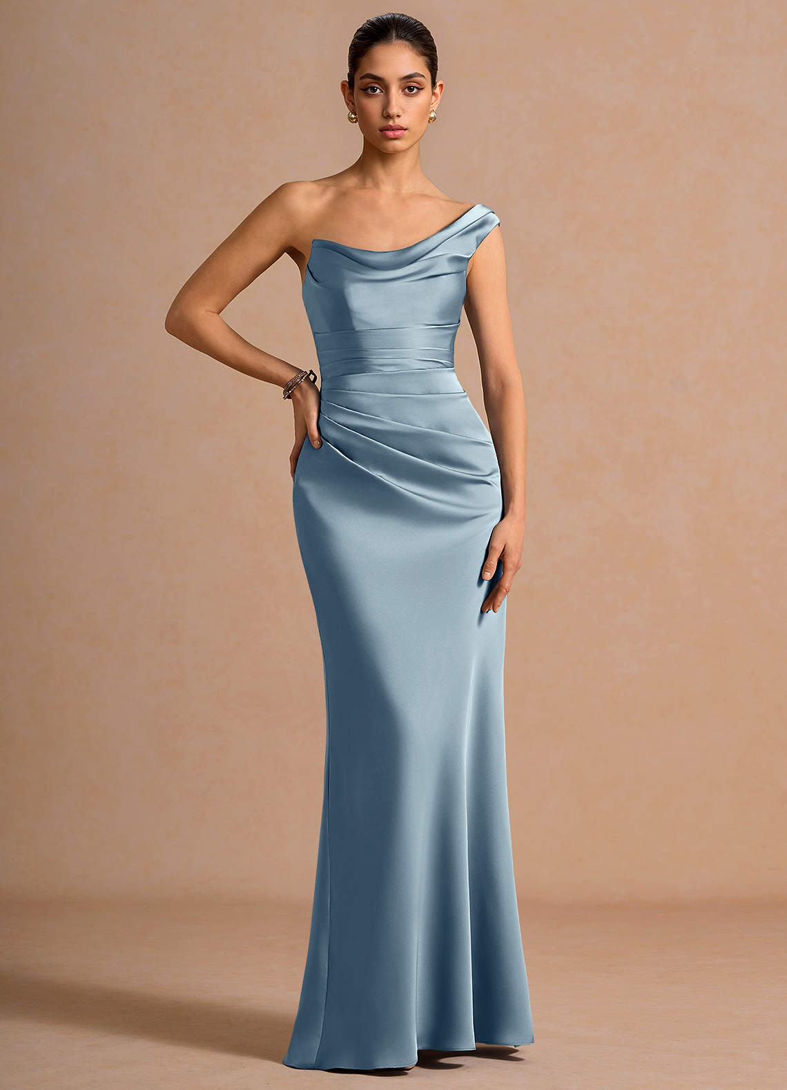 Cassiopeia One-Shoulder Draped Stretch Satin Evening Dress in Powder Blue