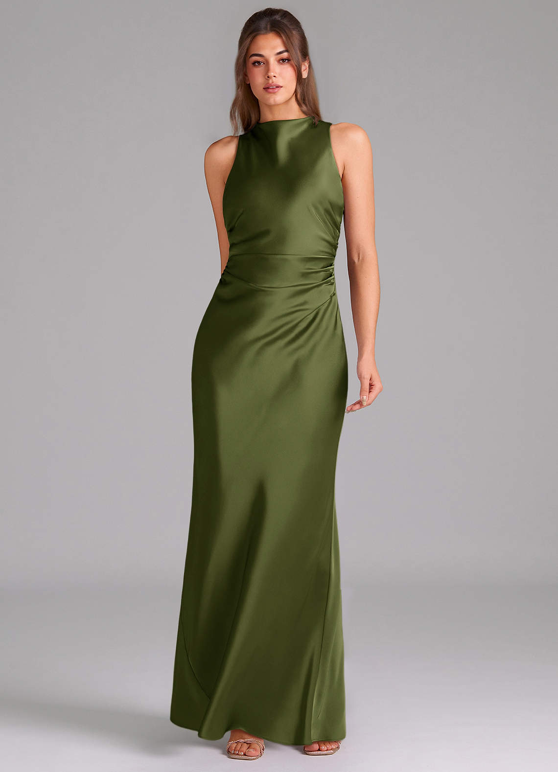 Evadne Sheath Scoop-Neck Stretch Satin Bridesmaid Dress in Olive