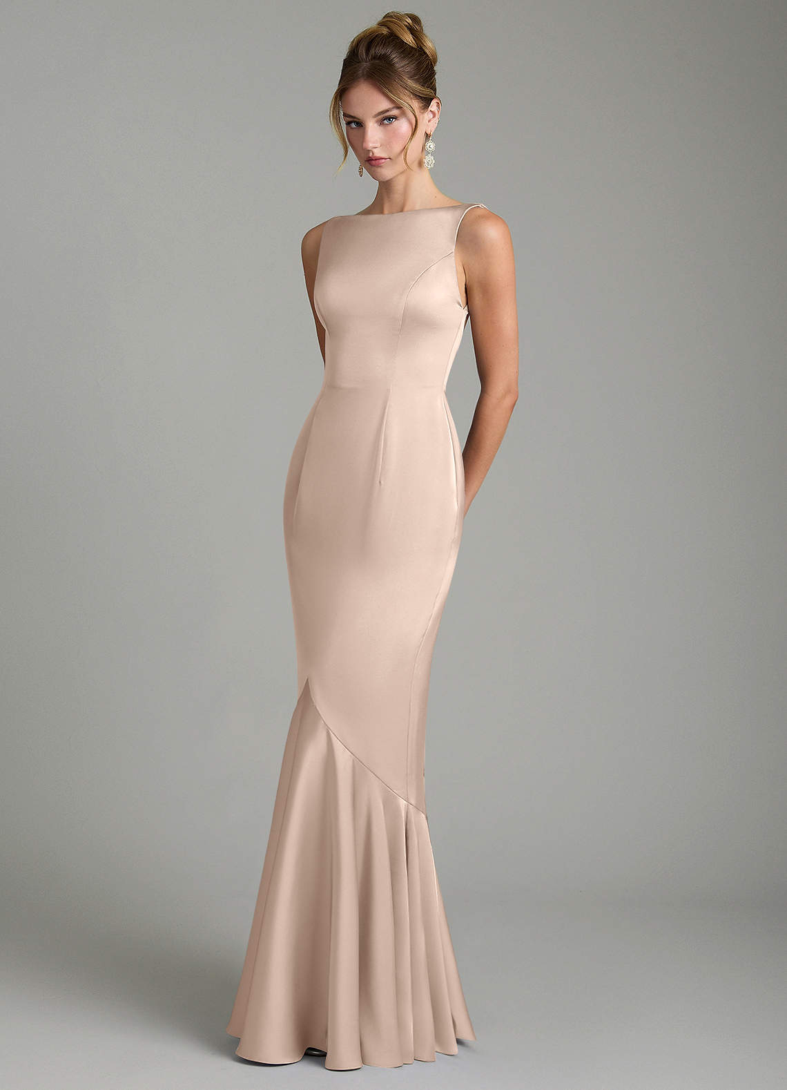 Tamera Mermaid Boat-Neck Stretch Satin and Chiffon Bridesmaid Dress in English Rose