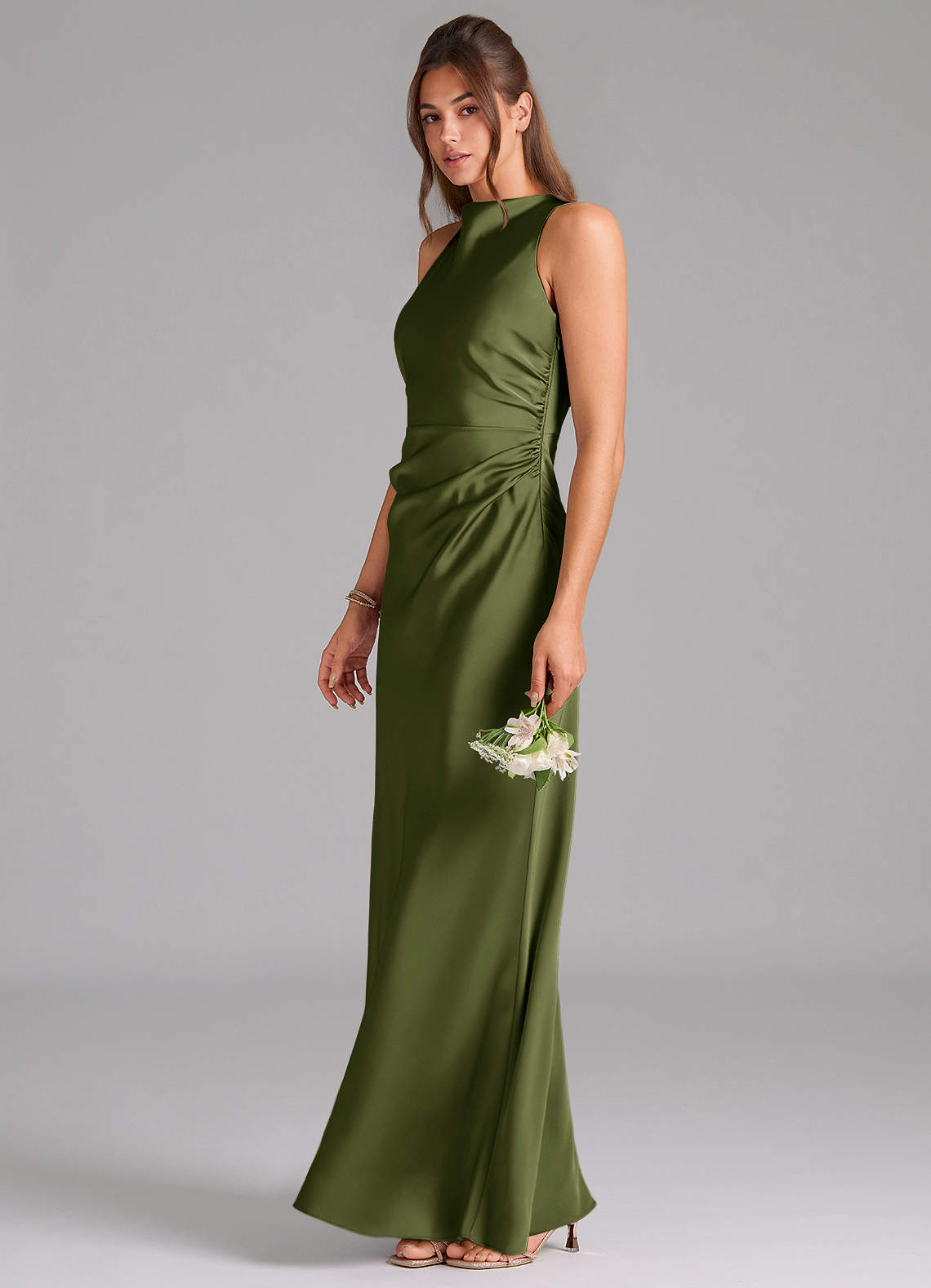 Evadne Sheath Scoop-Neck Stretch Satin Bridesmaid Dress in Olive