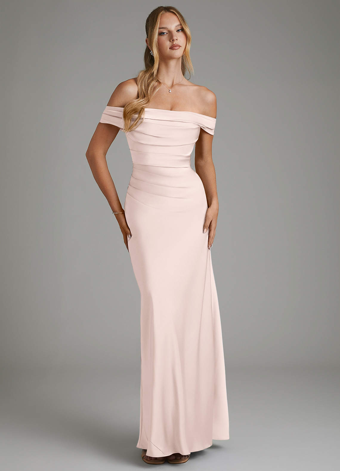 Hayden Mermaid Off-the-Shoulder Stretch Satin Bridesmaid Dress in Blushing Pink