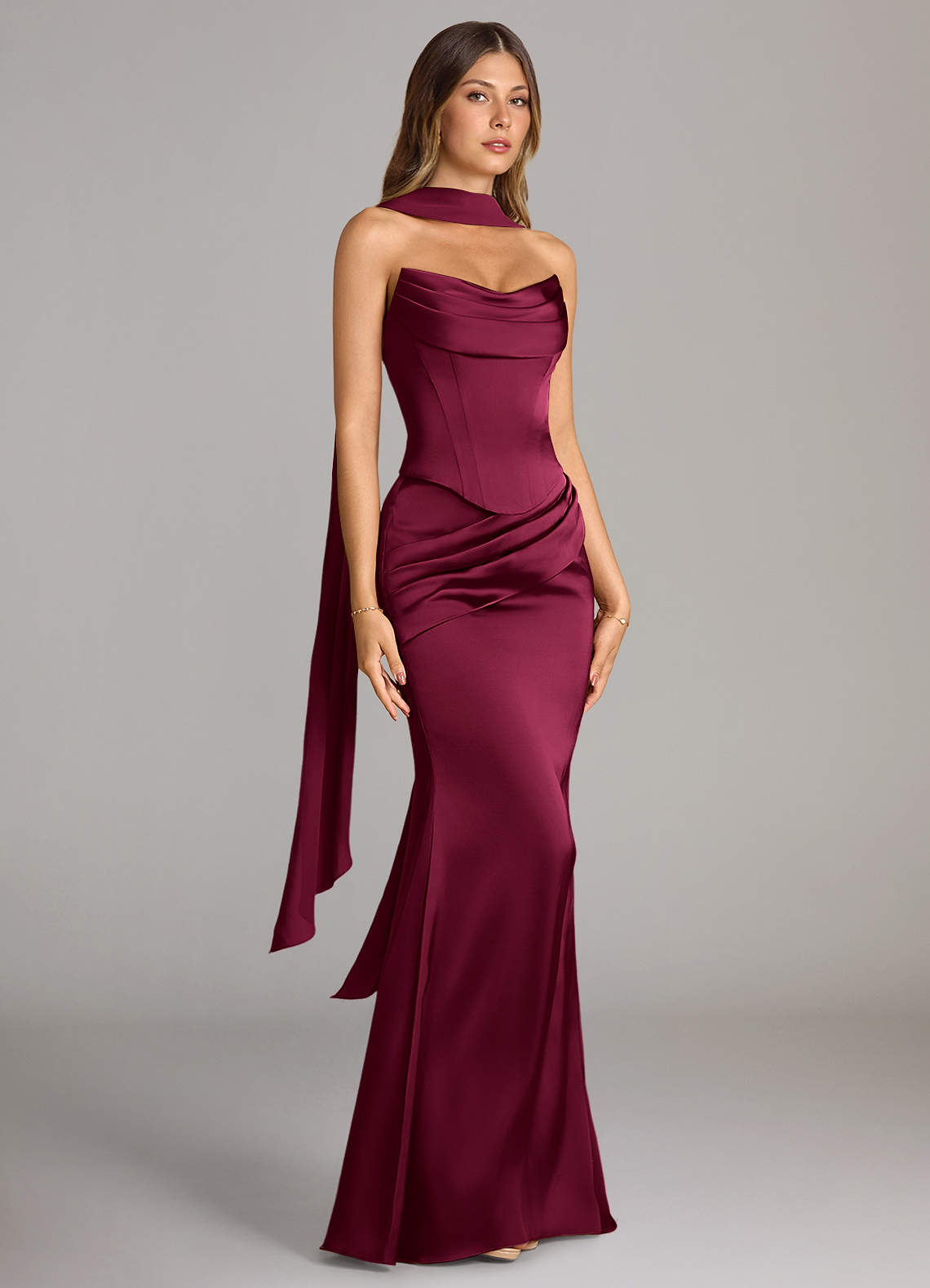 Sorrel Mermaid Cowl-Neck Stretch Satin and Chiffon Bridesmaid Dress in Burgundy
