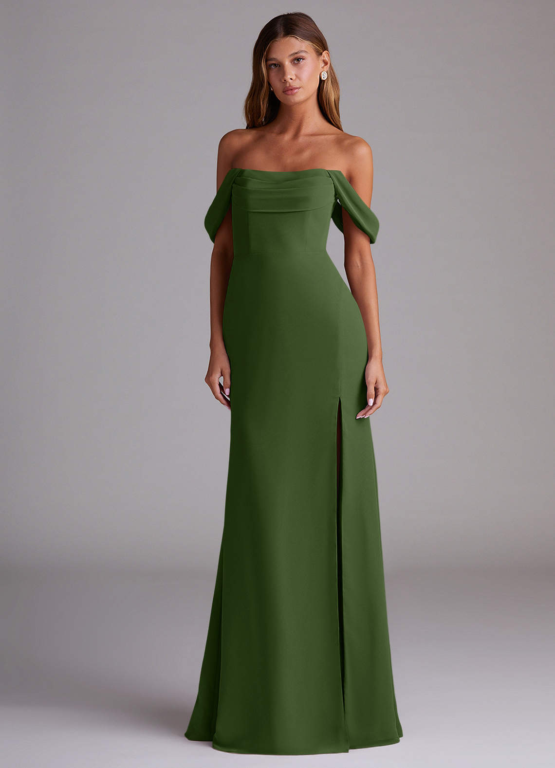 Saige A-Line Off-the-Shoulder Chiffon Bridesmaid Dress in Olive