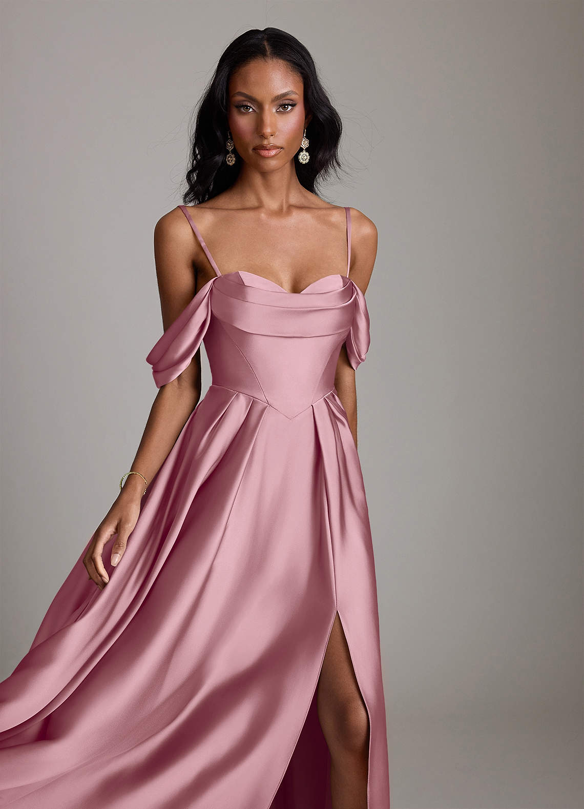 Loisa A-Line Off-the-Shoulder Stretch Satin Bridesmaid Dress in Vintage Mauve