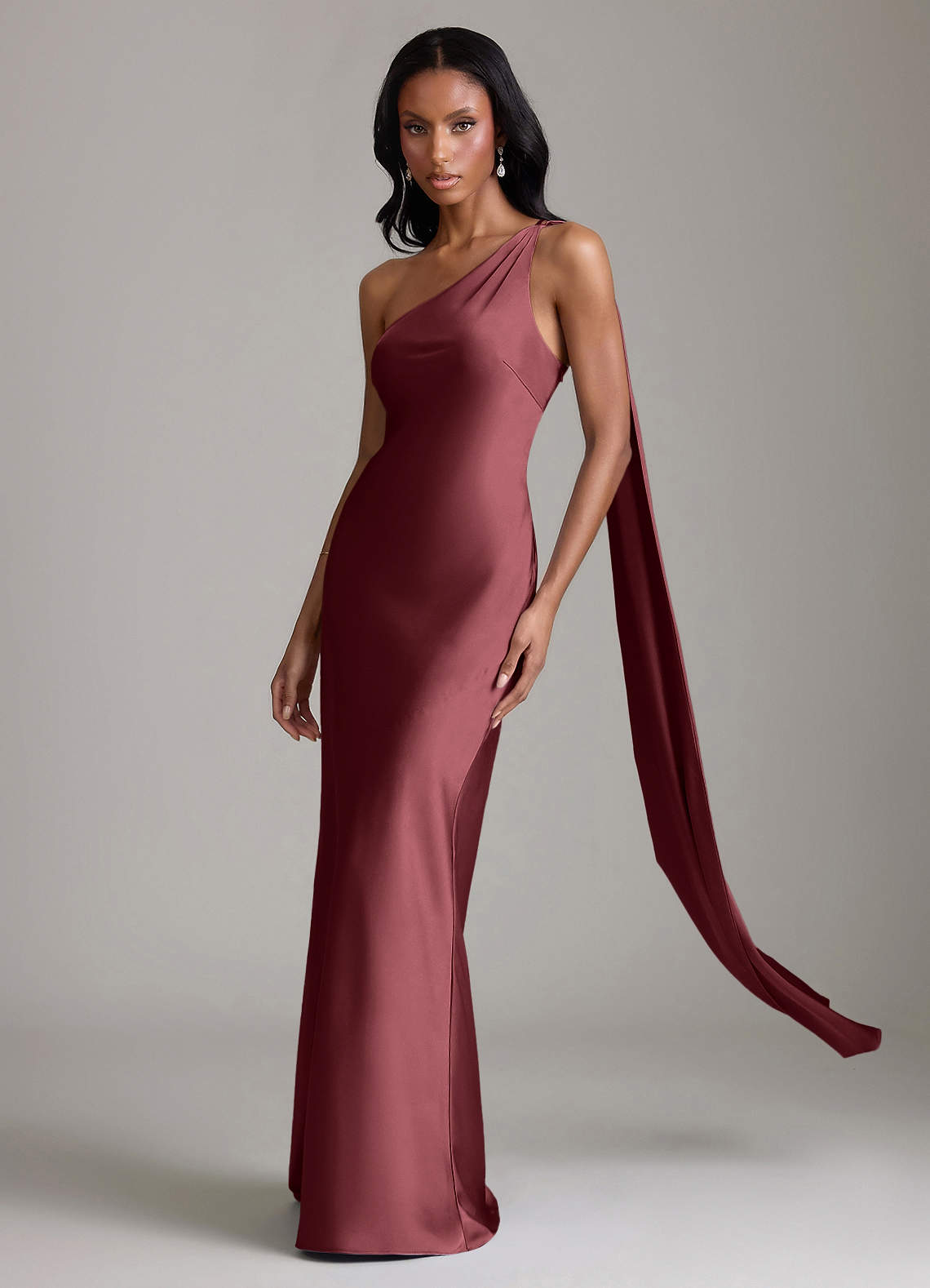 Juniper Mermaid One-Shoulder Stretch Satin Bridesmaid Dress in Merlot
