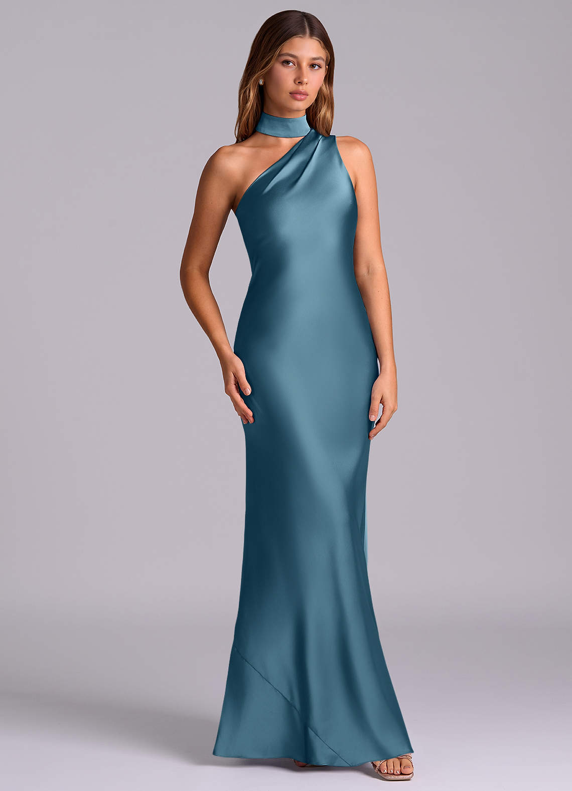 Seona Mermaid One-Shoulder Stretch Satin and Tulle Bridesmaid Dress in Bermuda