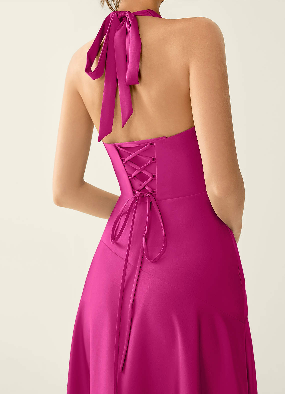 Titania Halter Asymmetric-Ruffle Satin Evening Dress in Hot Pink
