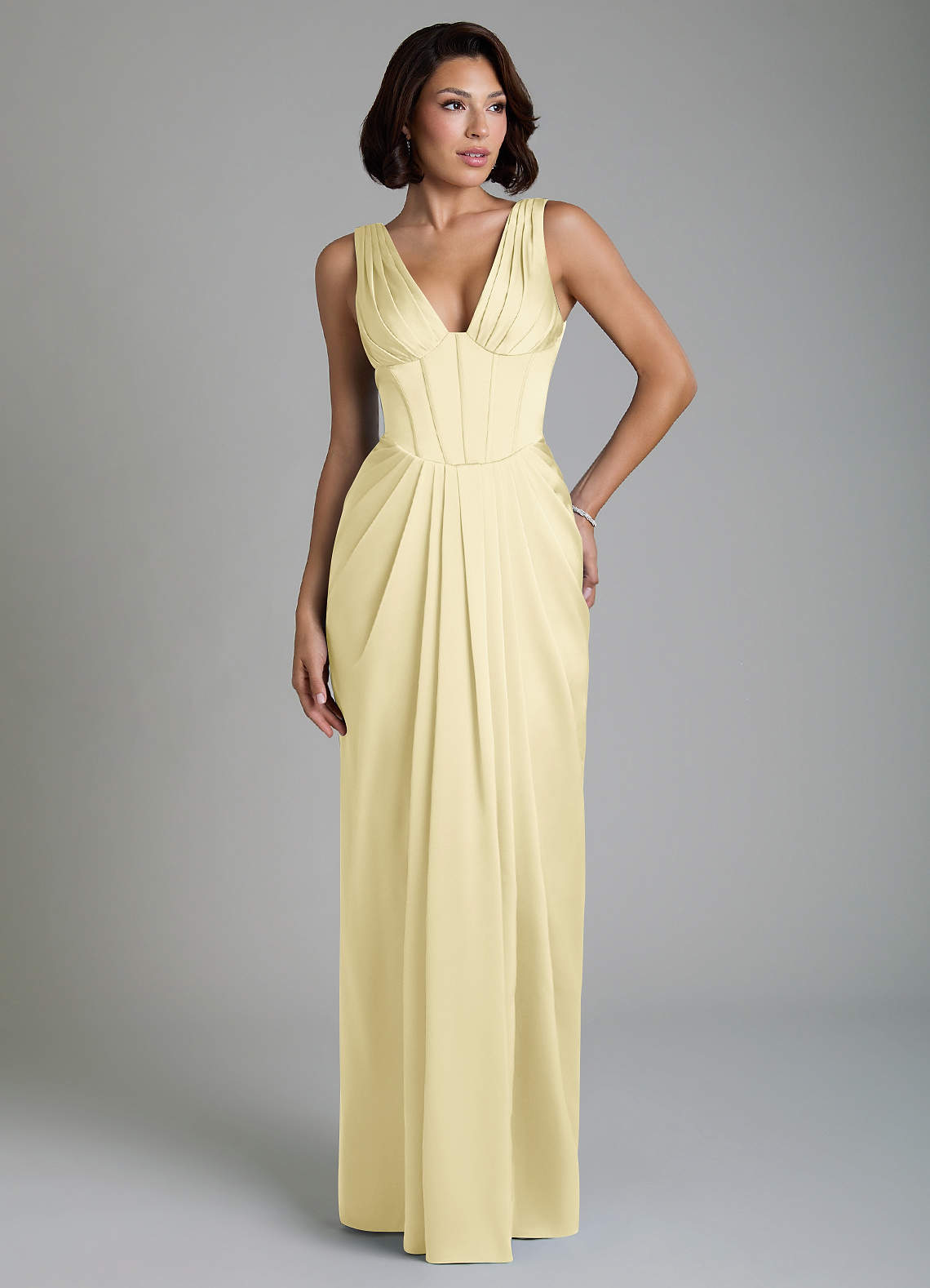 Vanya Sheath V-Neck Stretch Satin Bridesmaid Dress in Lemon Sorbet