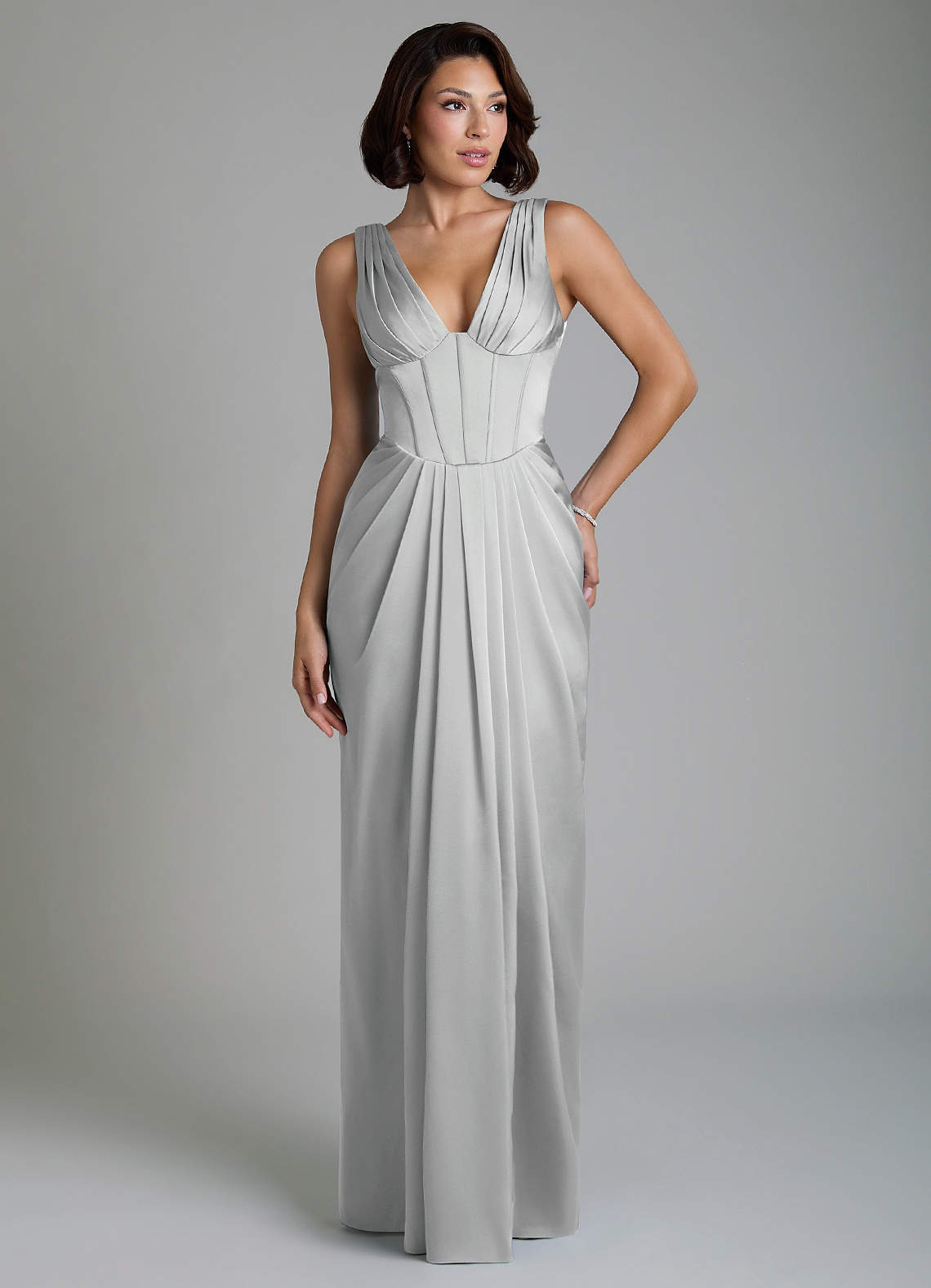 Vanya Sheath V-Neck Stretch Satin Bridesmaid Dress in Silver