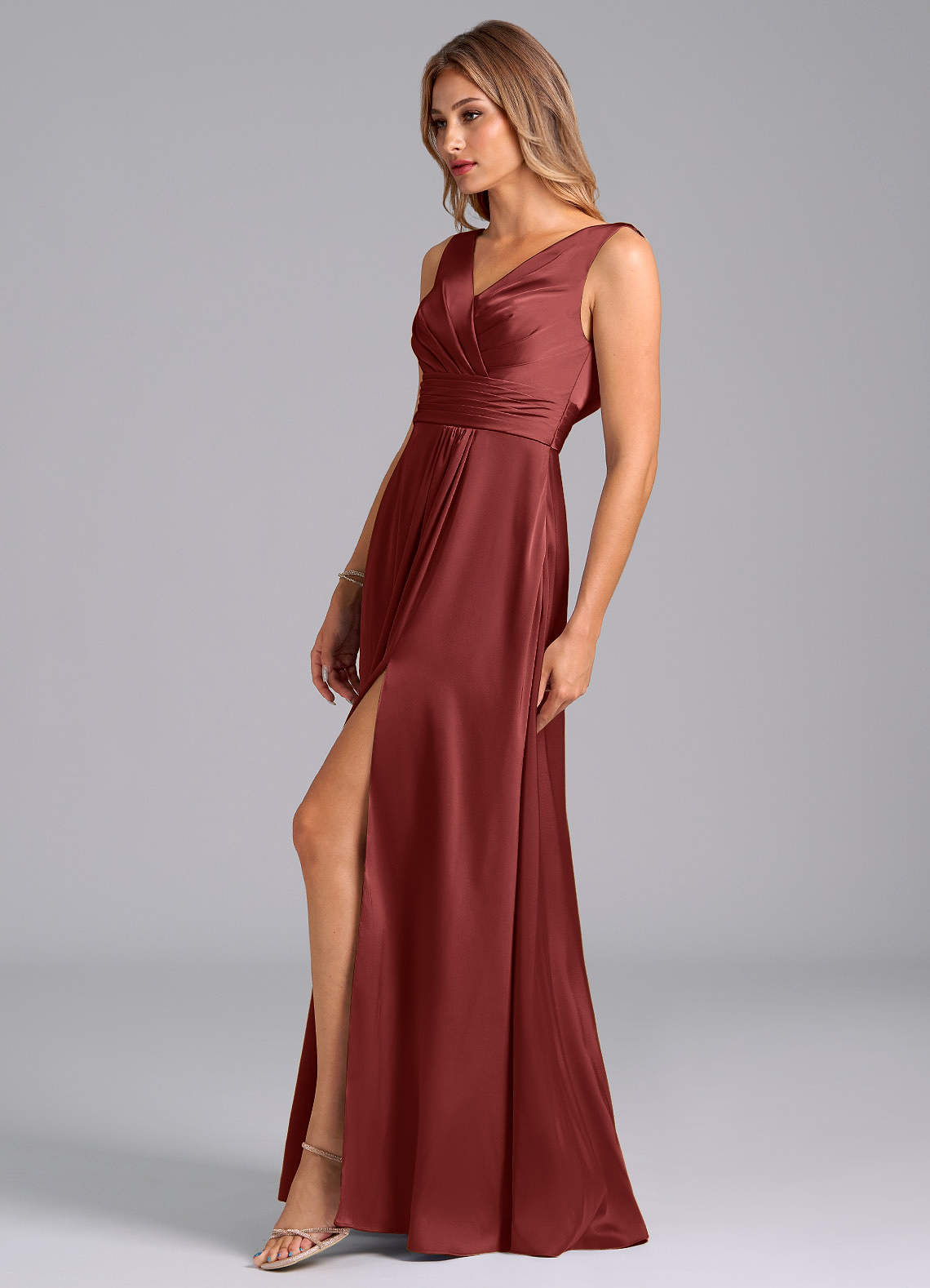 Karina A-Line V-Neck Stretch Satin Bridesmaid Dress in Terracotta