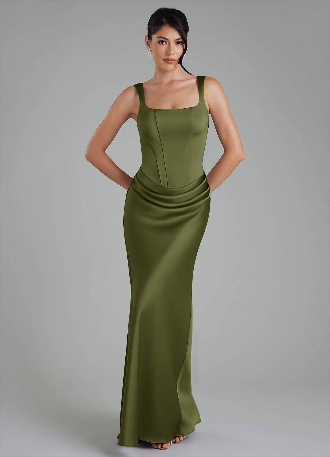Etta Mermaid Square-Neck Stretch Satin Bridesmaid Dress in Olive