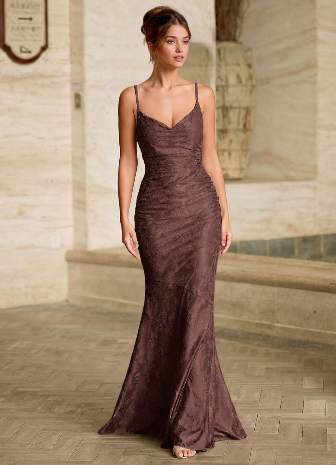 Leahenmo Mermaid Cowl-Neck Floral Burnout Prom Dress in Mocha Coco - photo 3
