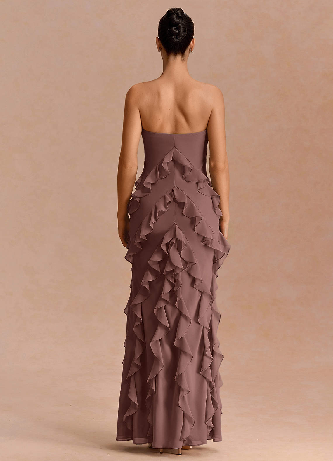 Eira A-Line Ruffle Chiffon Evening Dress in Mocha Coco