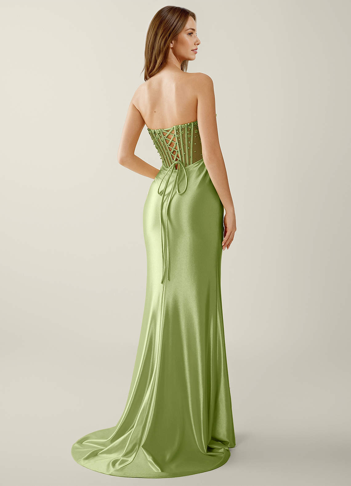 Willa Mermaid Strapless Sequined Satin Evening Dress in Dusty Green