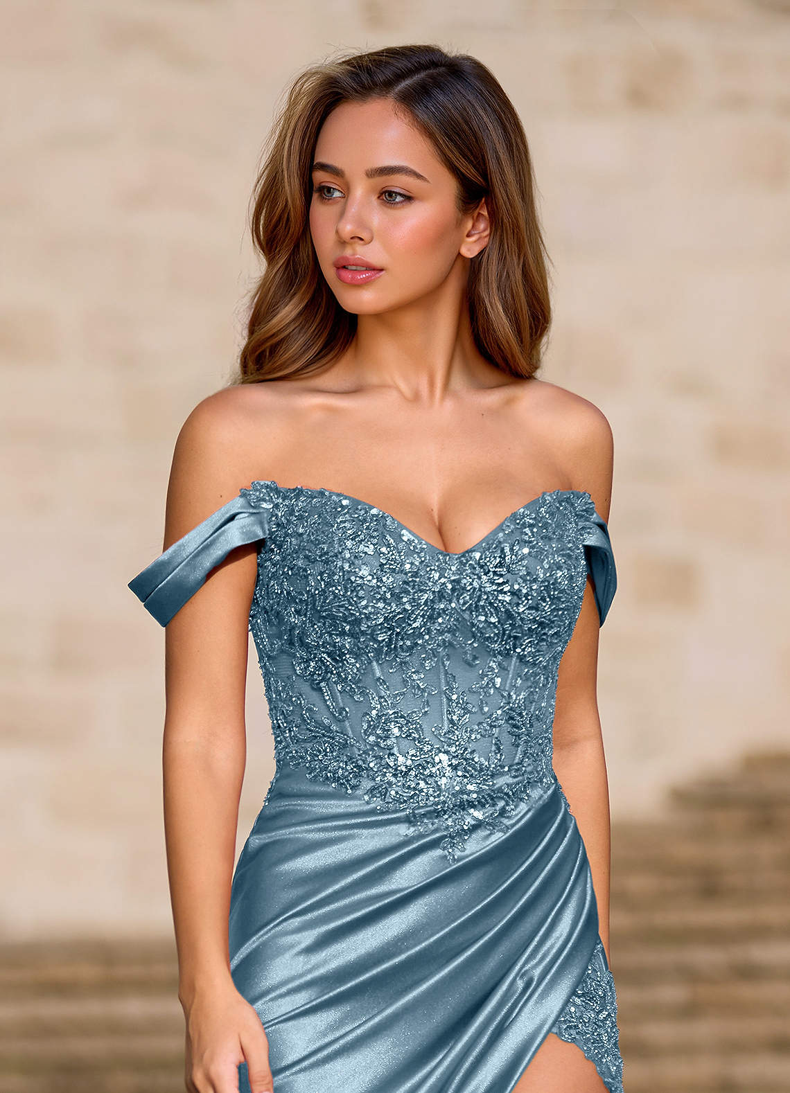 Opulence Mermaid Off-the-Shoulder Satin Evening Dress in dusty blue