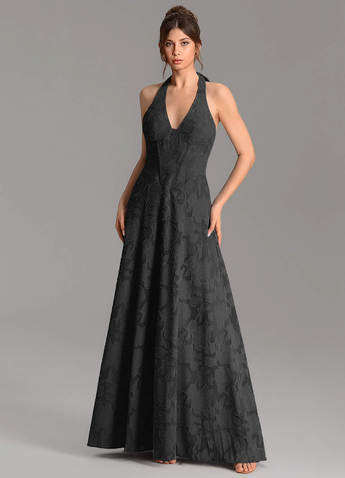 Nia A-Line V-Neck Floral Burnout Bridesmaid Dress in black