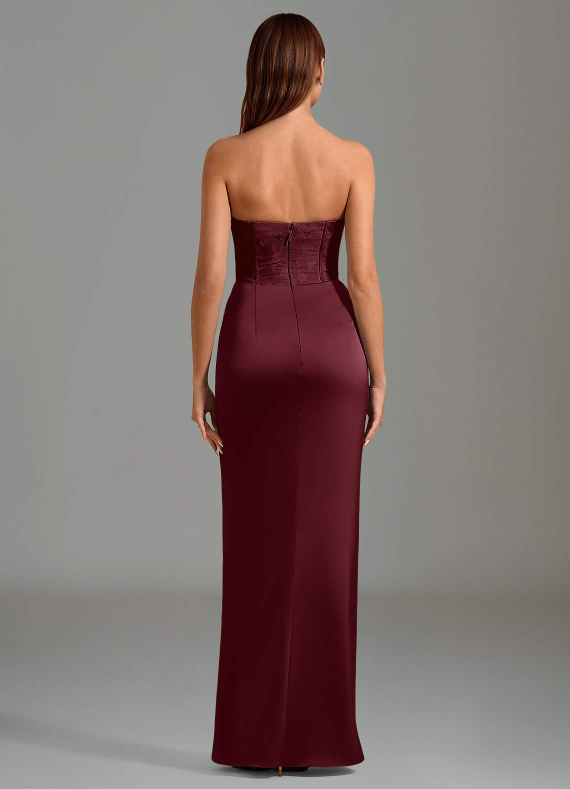 Emilia Mermaid Strapless Stretch Satin and Floral Burnout Bridesmaid Dress in Cabernet