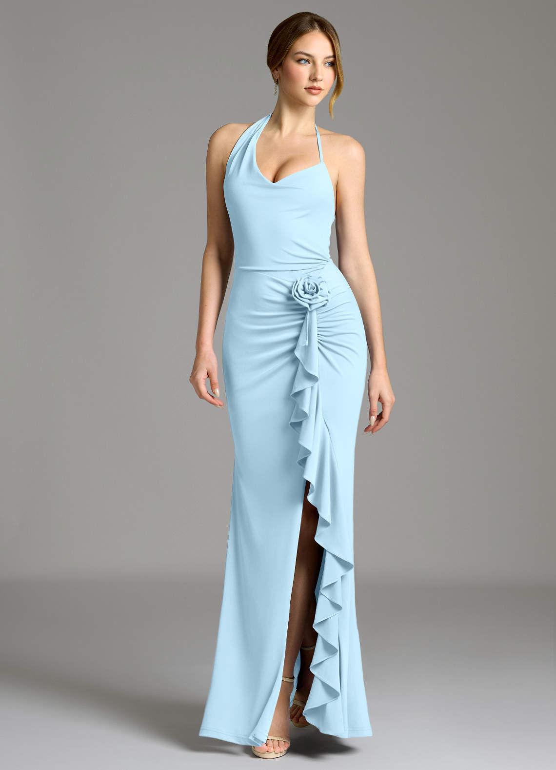 Gwyneth Mermaid Halter Tulle and Stretch Jersey Bridesmaid Dress in Sky Blue