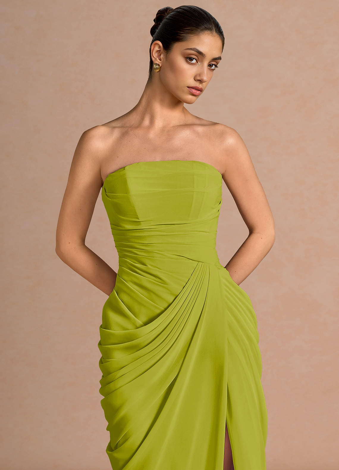 Kaavia Column Pleated Chiffon Midi Evening Dress in Lemon Green