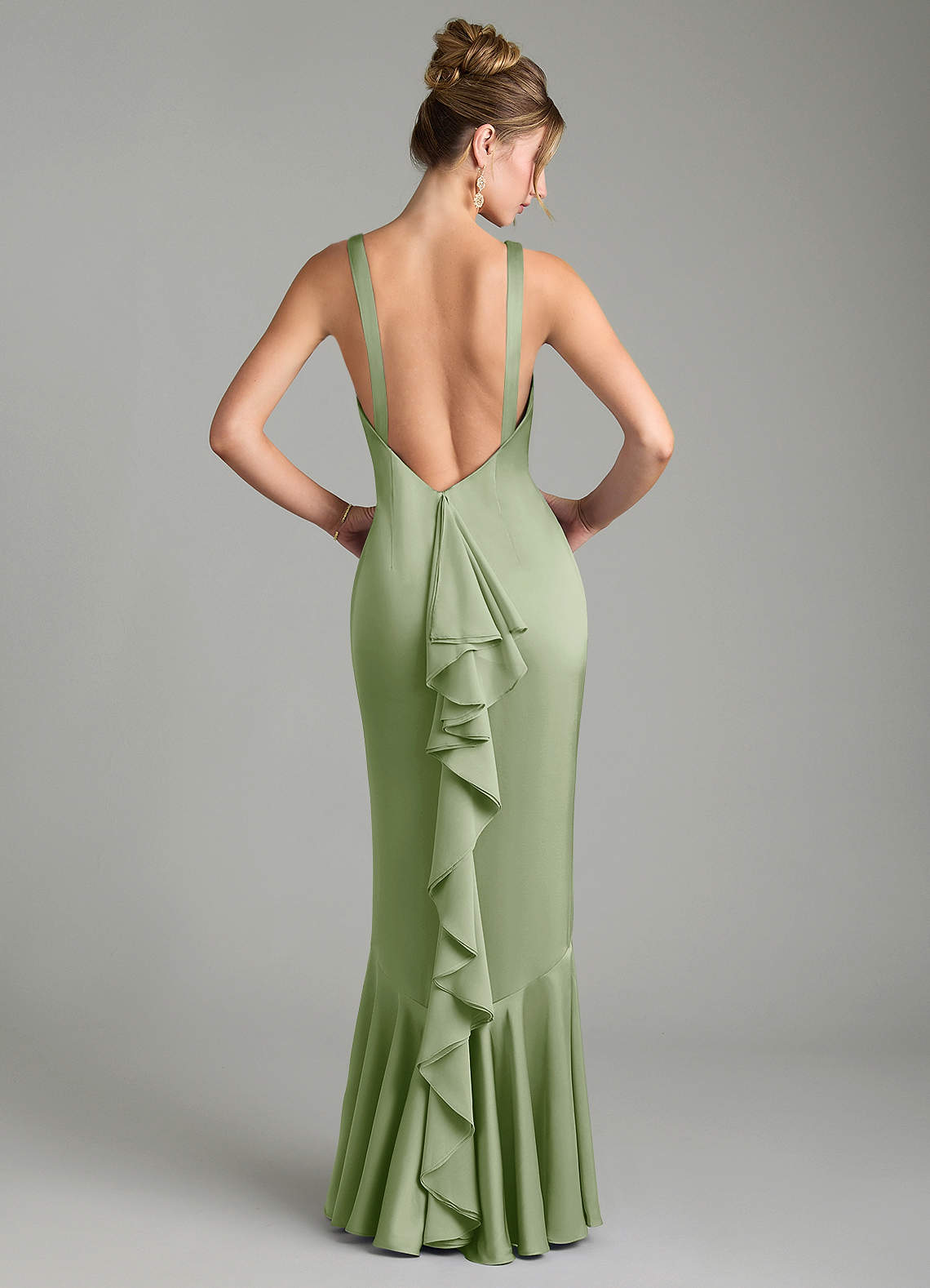 Tamera Mermaid Boat-Neck Stretch Satin and Chiffon Bridesmaid Dress in Dusty Sage