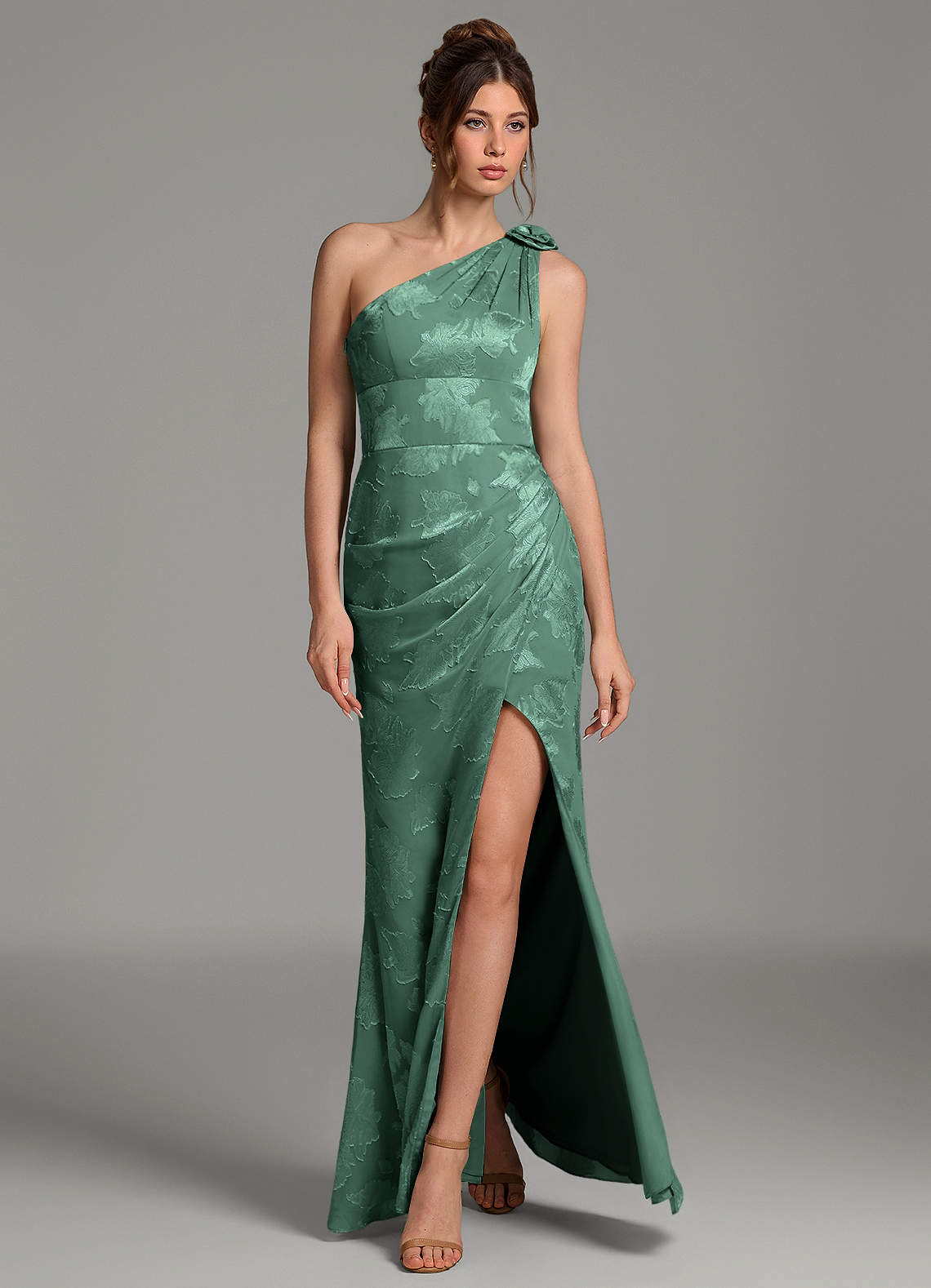Yanie Mermaid One-Shoulder Jacquard Bridesmaid Dress in Eucalyptus