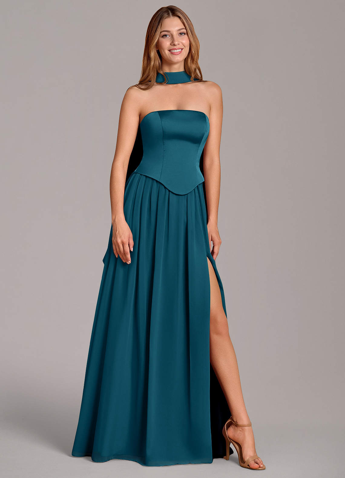 Cadence A-Line Strapless Chiffon and Stretch Satin Bridesmaid Dress in Ink Blue