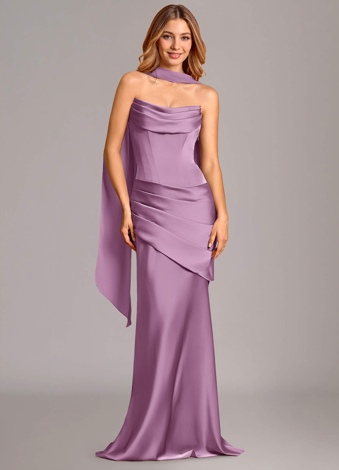 Pelagia Mermaid Cowl-Neck Stretch Satin Bridesmaid Dress in Wisteria