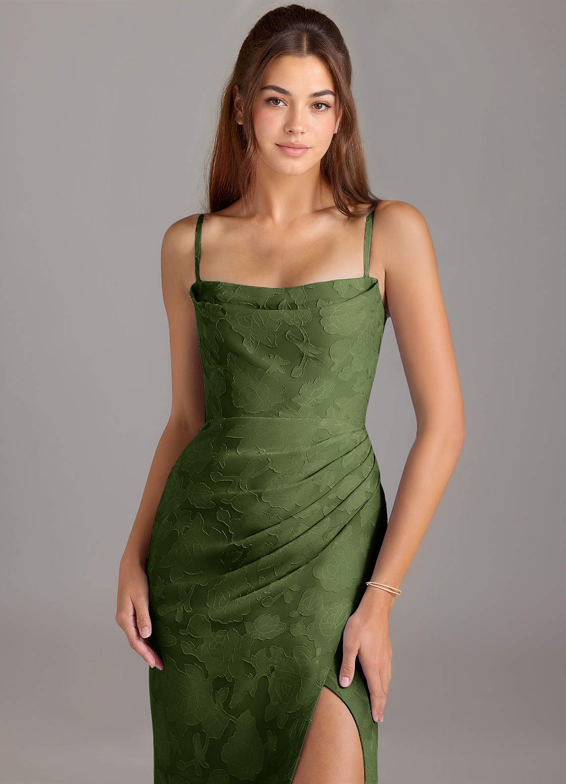 Leonis Sheath Strapless Floral Burnout Bridesmaid Dress in Olive