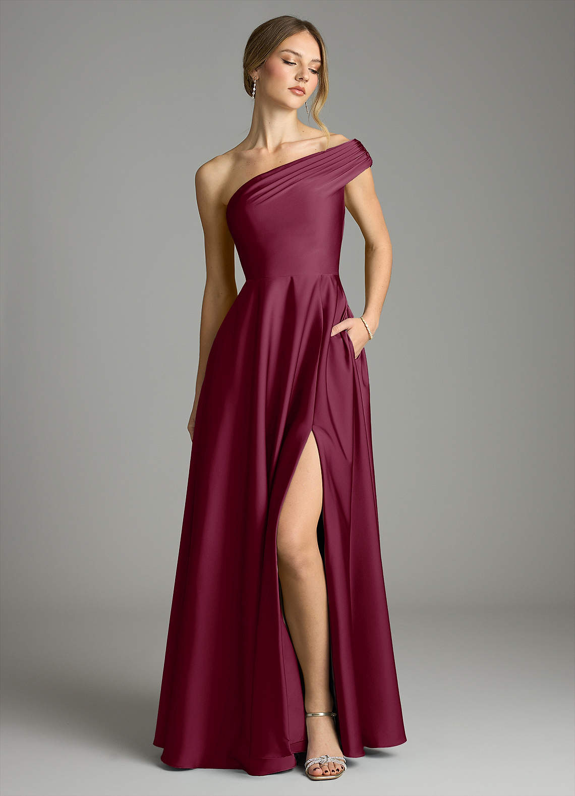 Melanie A-Line One-Shoulder Stretch Satin Bridesmaid Dress in Mulberry