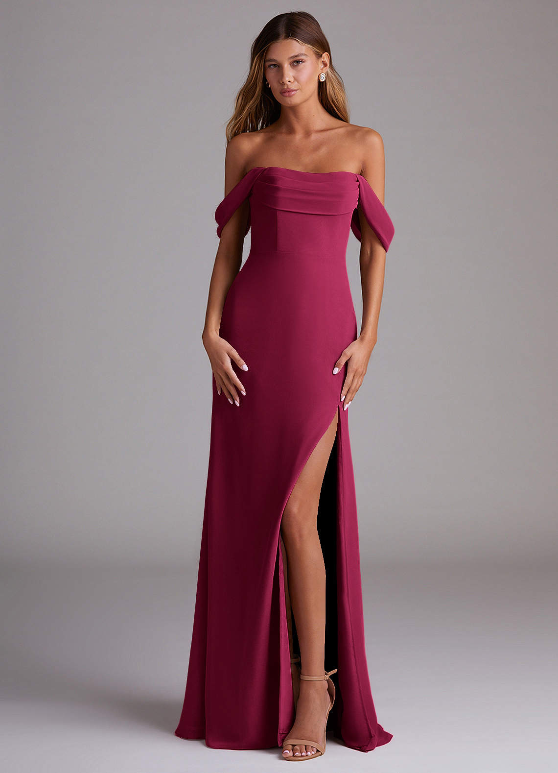Saige A-Line Off-the-Shoulder Chiffon Bridesmaid Dress in Burgundy